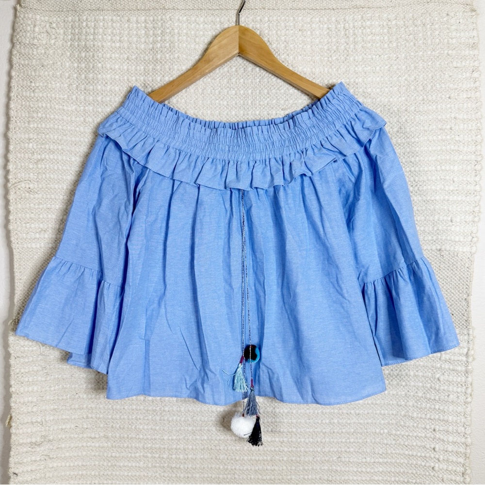 MISA LOS ANGELES light blue tassel tie Alma off the shoulder top SMALL